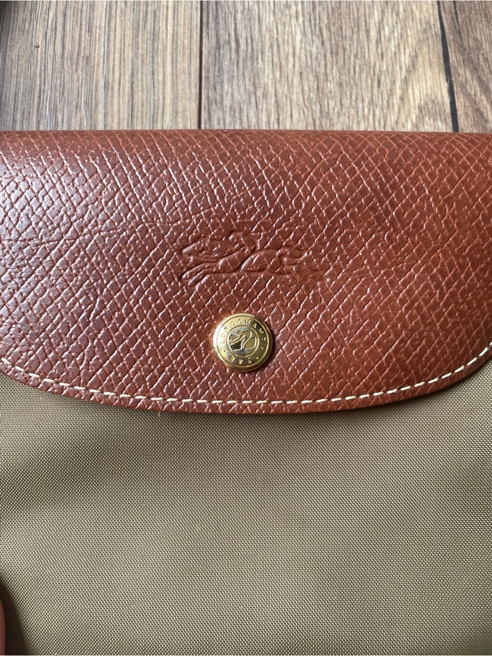 Vintage Longchamp Le Pliage Large Tote Bag Olive Green Leather Trim Gold Snap - Picture 4 of 16